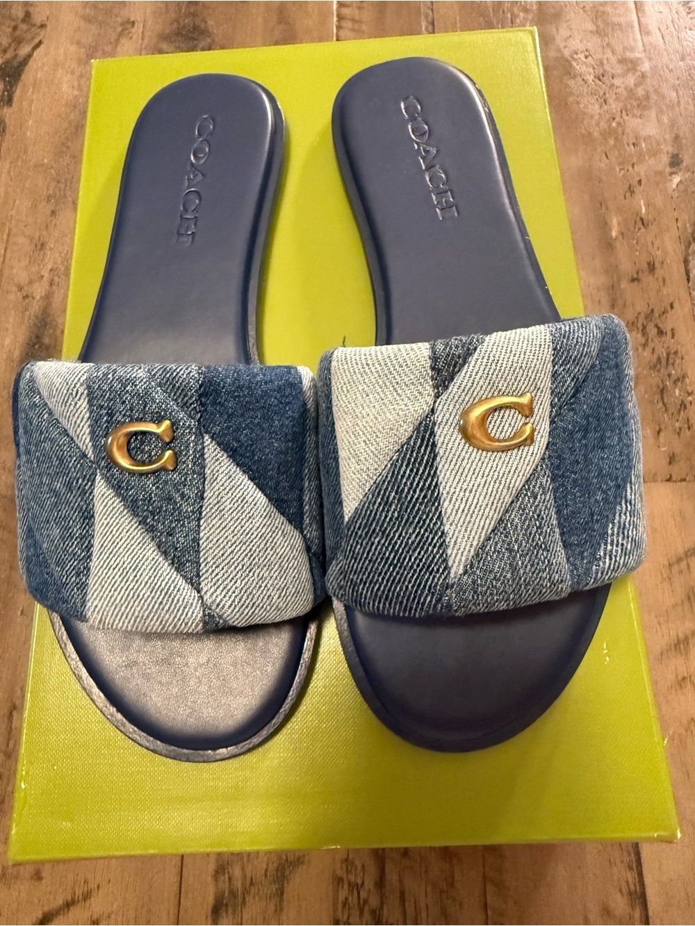Coach Denim Blue & White Slide Sandals with Gold Accent